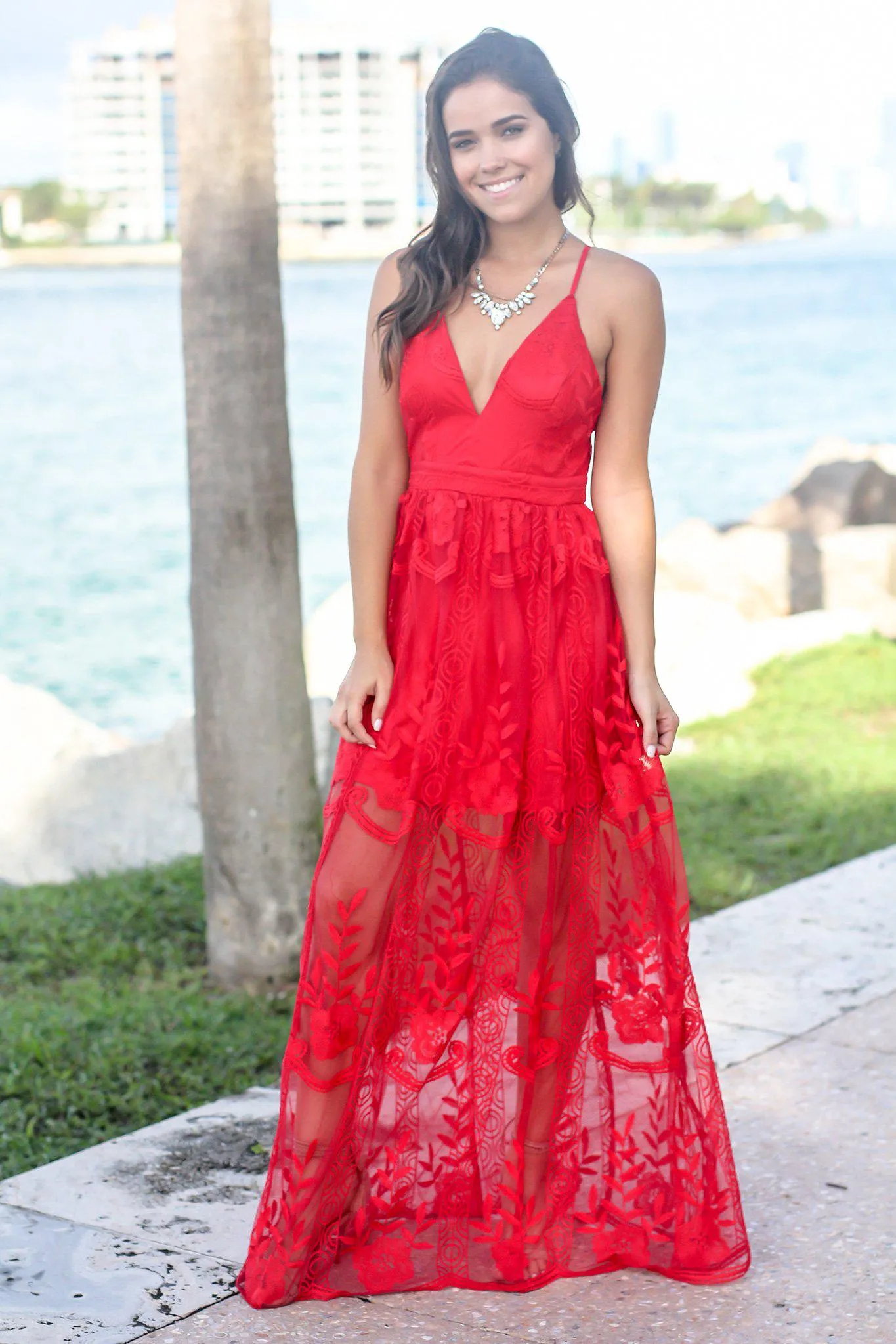 Red Embroidered Maxi Dress with Criss Cross Back