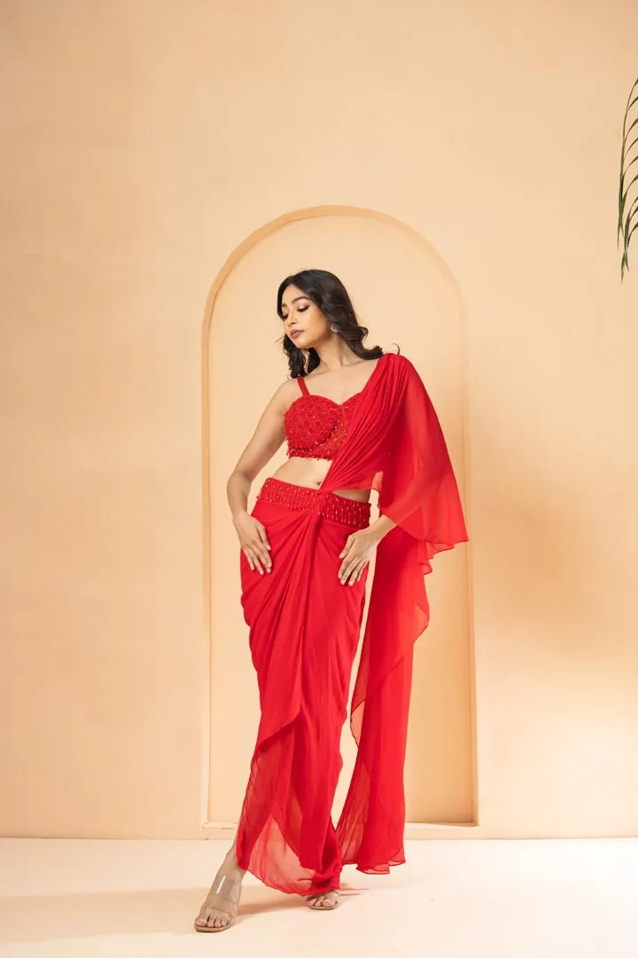 Red embroidered pre-stitched drape corset saree