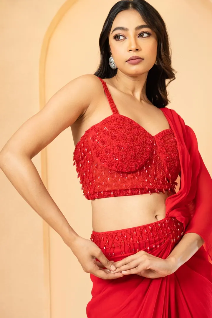 Red embroidered pre-stitched drape corset saree