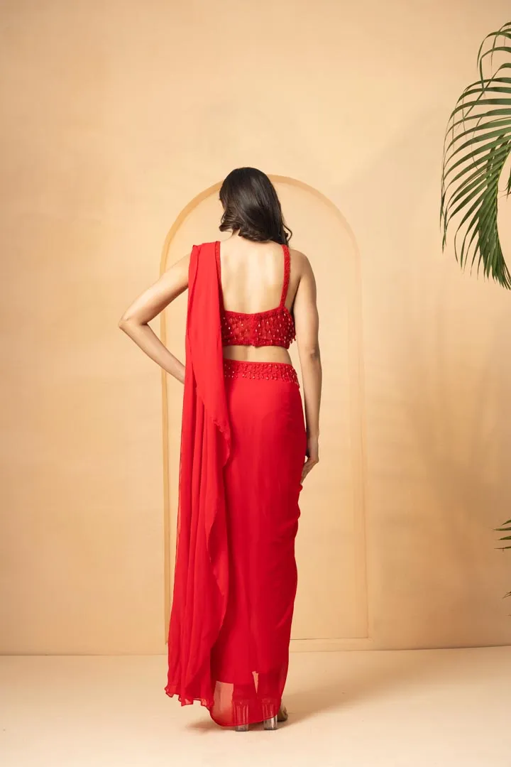 Red embroidered pre-stitched drape corset saree