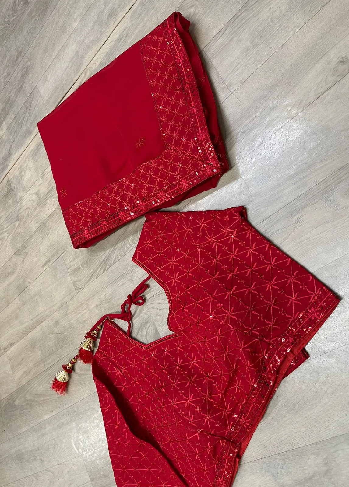 Red Georgette Saree with Heavy Embroidered Sequenced Lace and Blouse