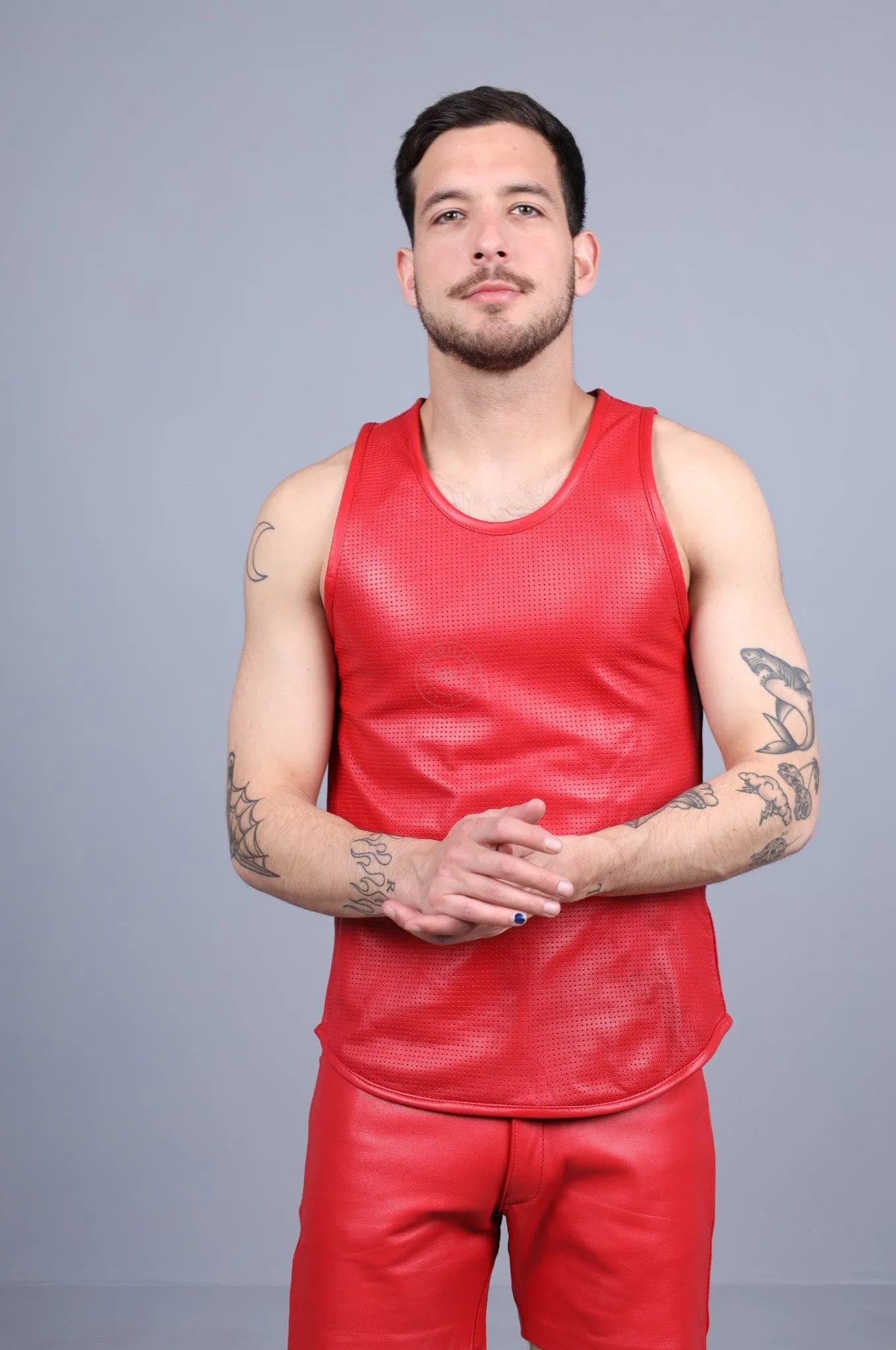 Red Leather Perforated Tank Top