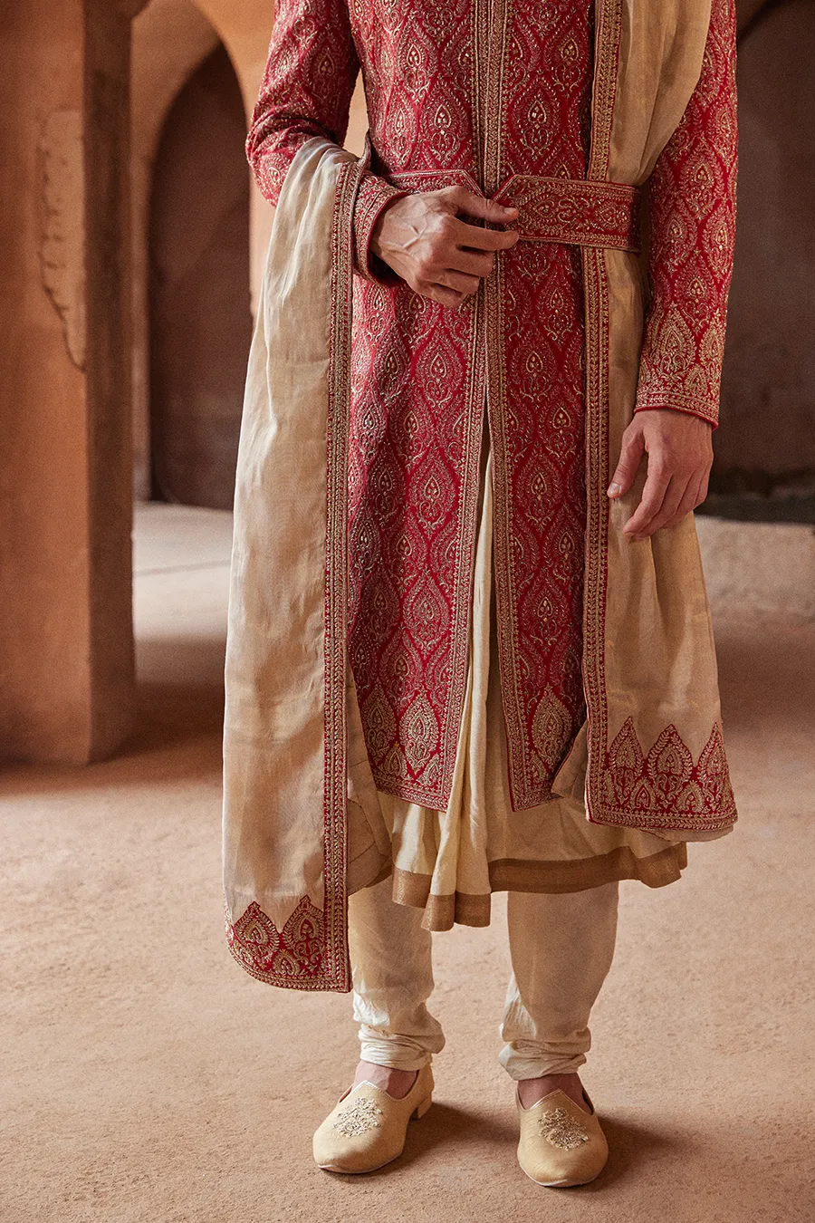 RED MATKA SILK EMBROIDERED SHERWANI KURTA CHURIDAR SET