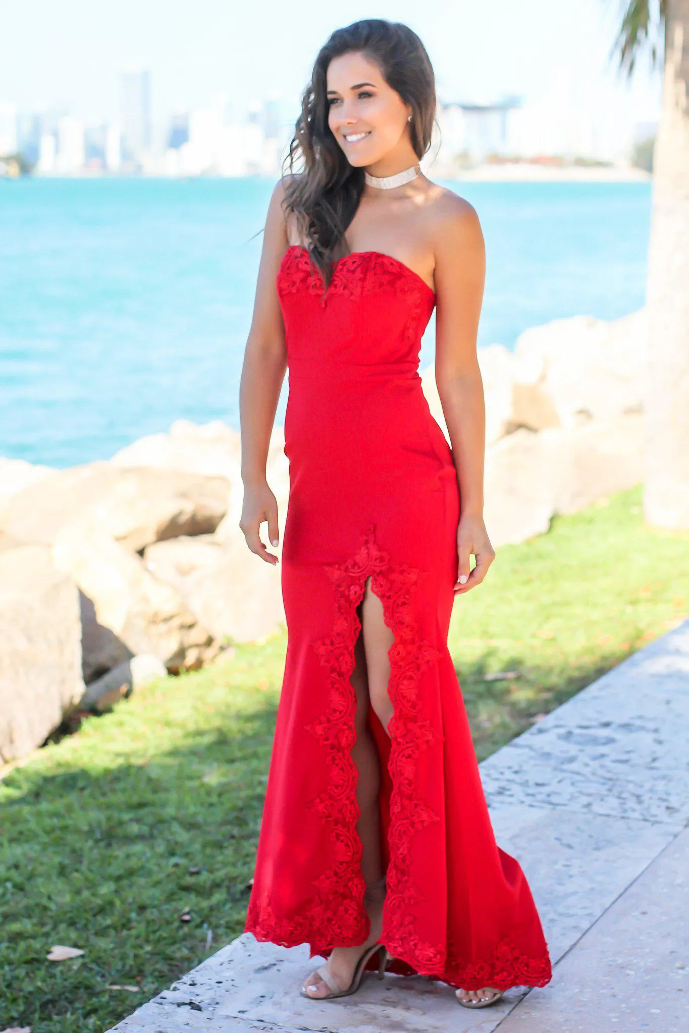 Red Strapless Embroidered Maxi Dress with Side Slit