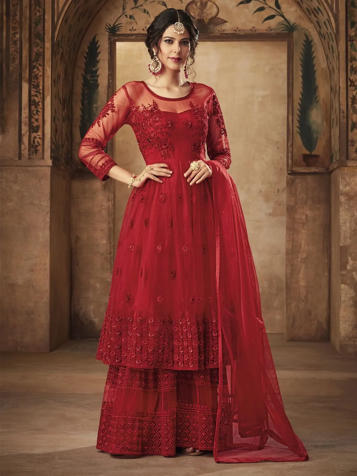 Red Thread Embroidered Party Wear Sharara Suit