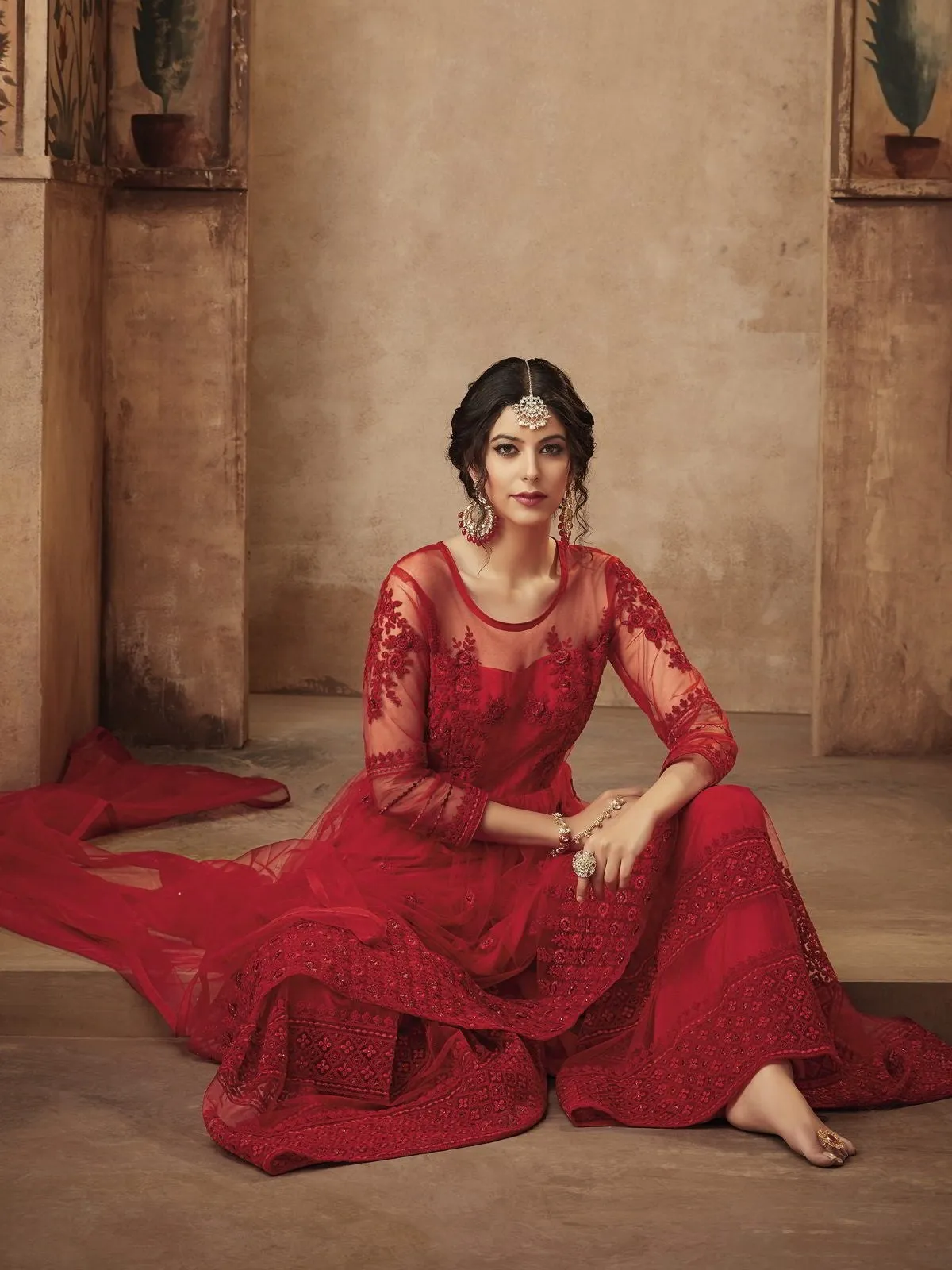 Red Thread Embroidered Party Wear Sharara Suit