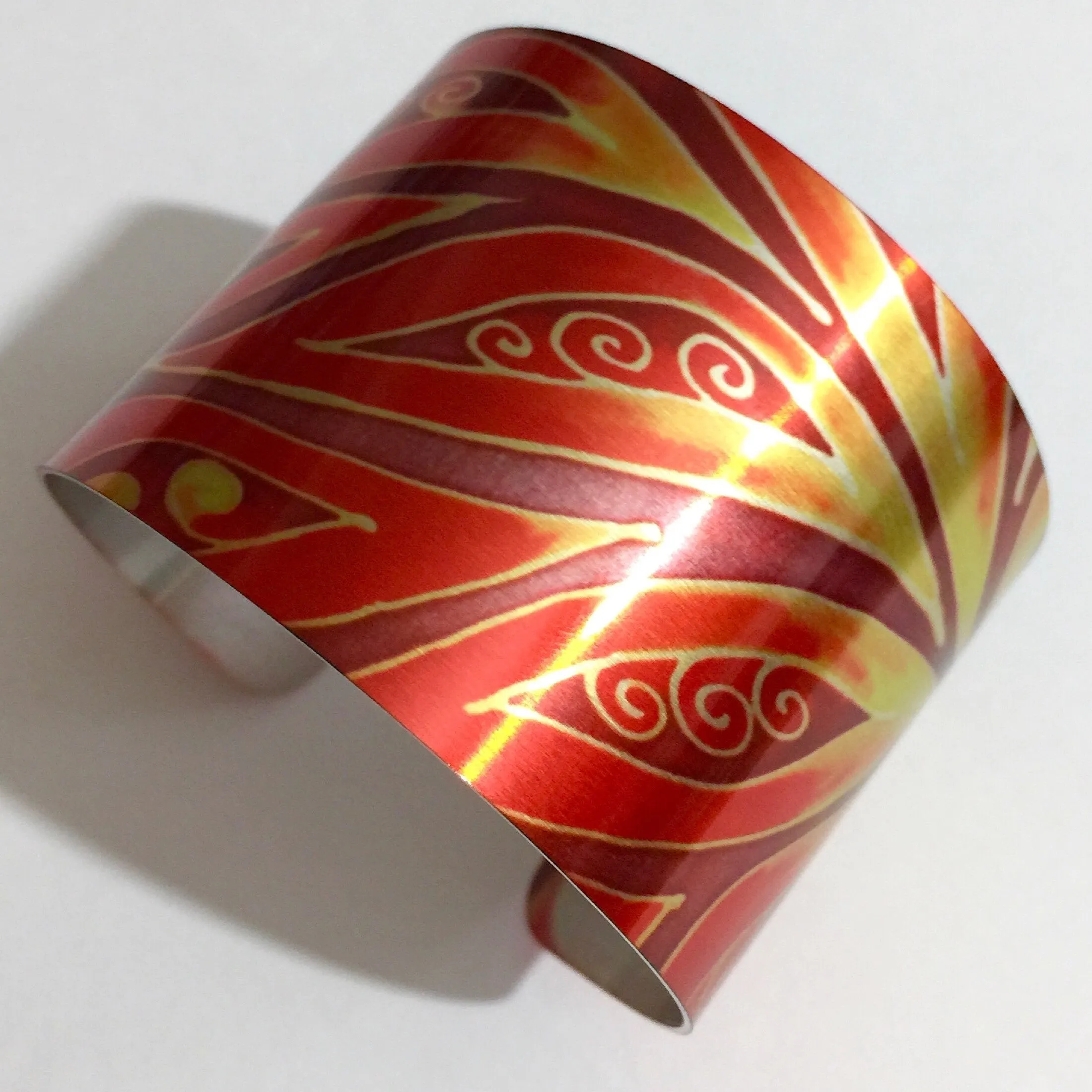 Red Yellow Cuff Bracelet - Swirl Comtemporary Bracelet - easy wear lightweight aluminium.