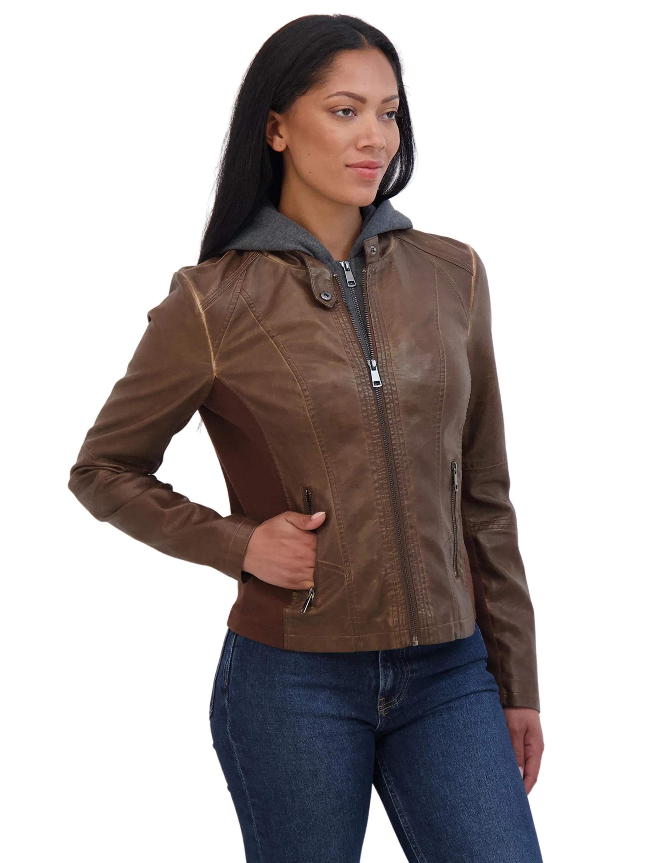 Sebby Collection Women's Zip Front Faux Leather Jacket With Removeable Hood Bib