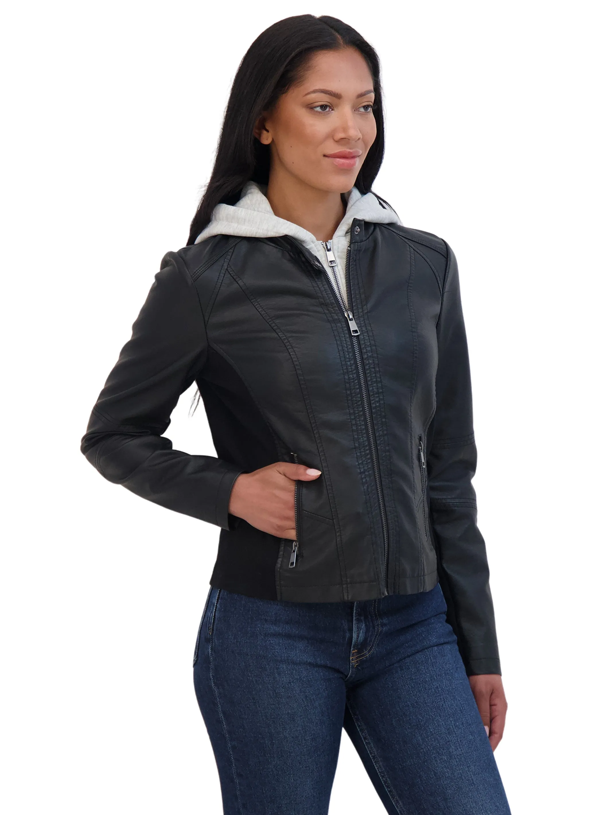 Sebby Collection Women's Zip Front Faux Leather Jacket With Removeable Hood Bib