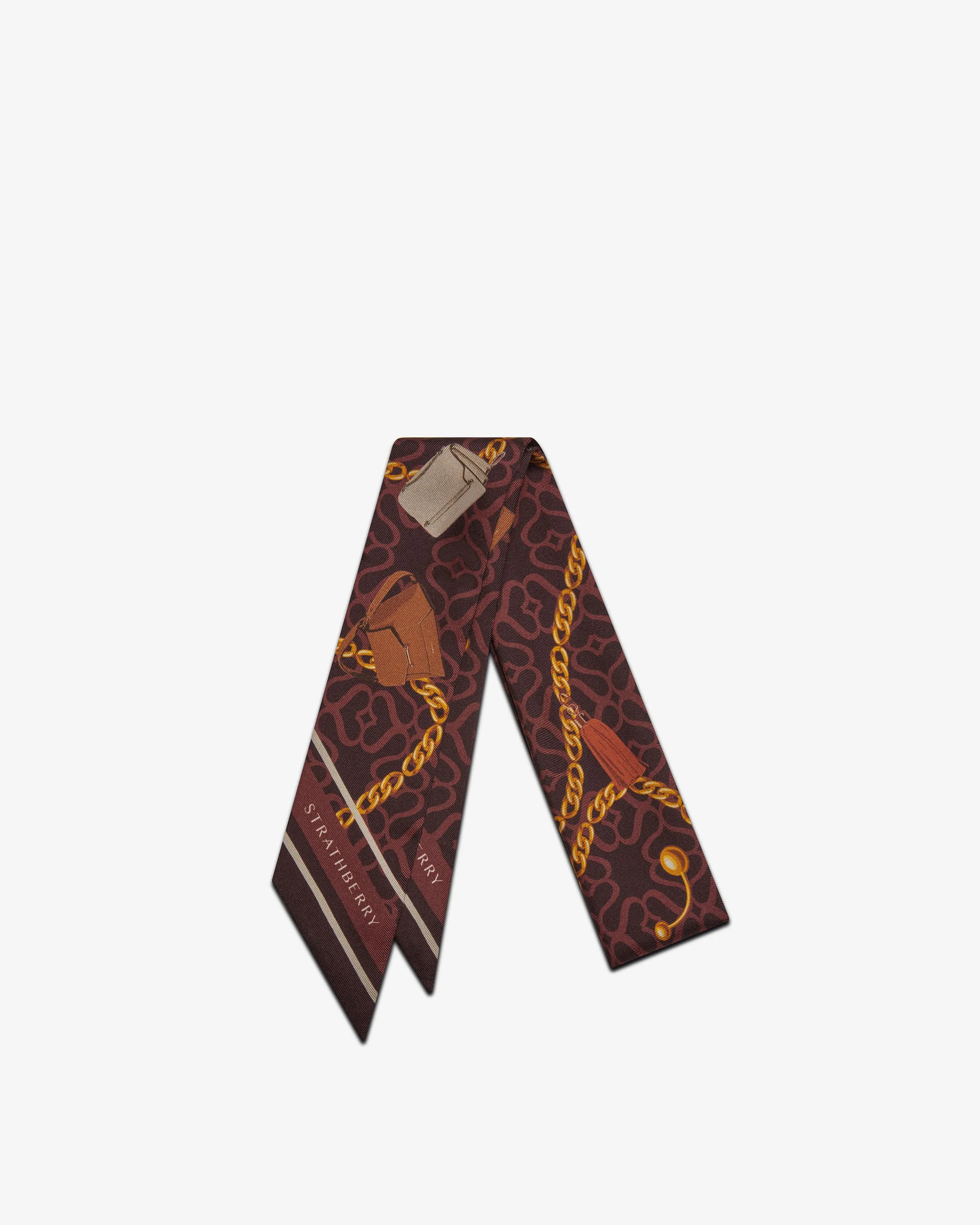 Silk Skinny Scarf - Bag and Chain Print Burgundy/Oxblood