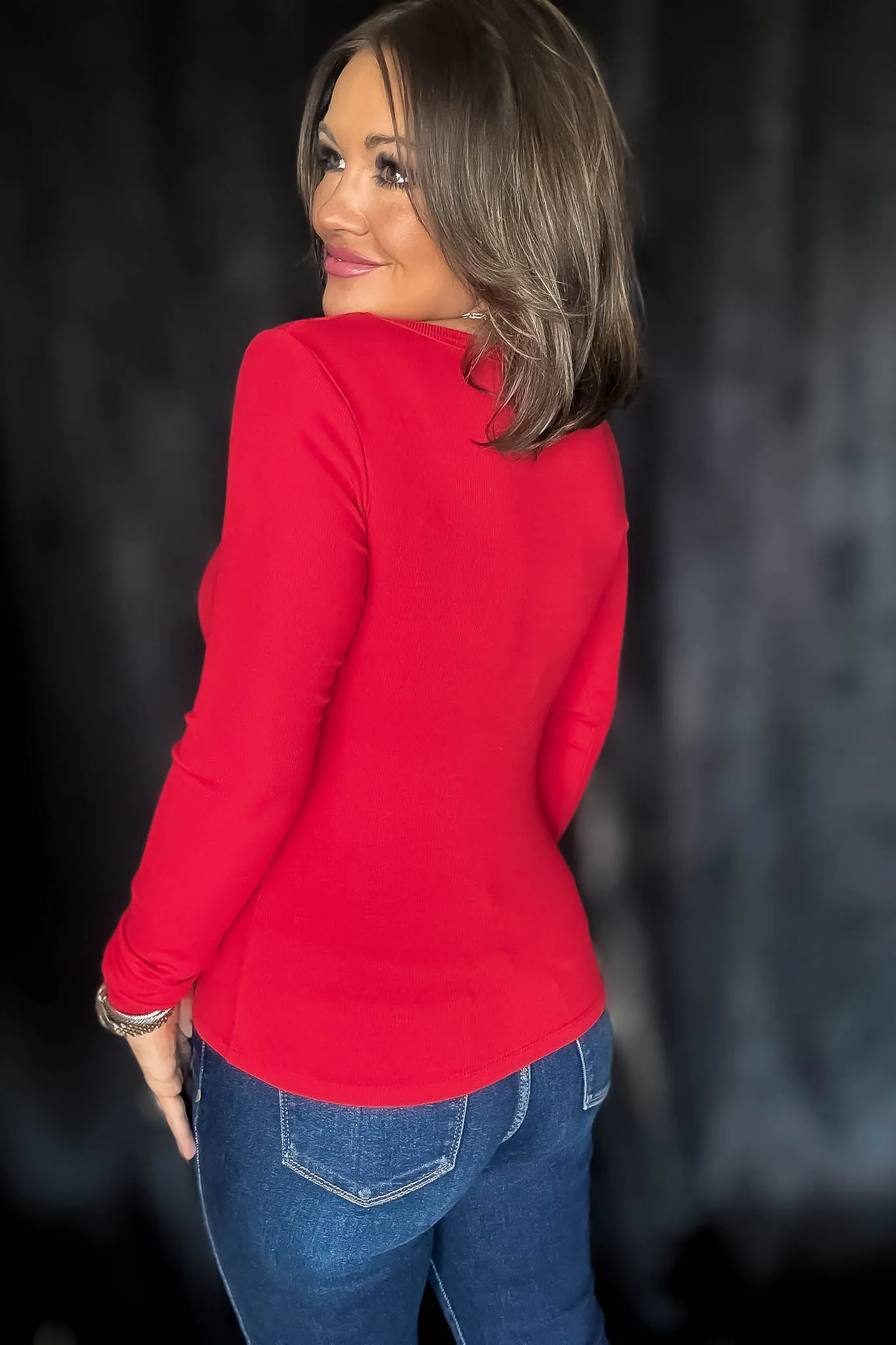 Slim Fit Cherry Scoop Neck Long Sleeve Top