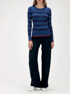 Stretch Cotton Crew-Neck Sweater in Blue Stripe