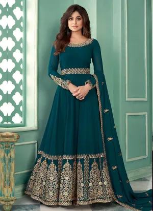 Teal Embroidered Shamita Shetty Georgette Anarkali Suit