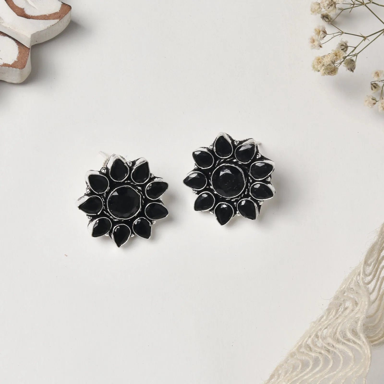 Teejh Hrida Black Stone Silver Oxidised Stud Earrings