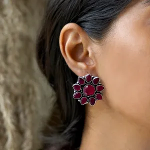 Teejh Hrida  Pink Stone Silver Oxidised Stud Earrings