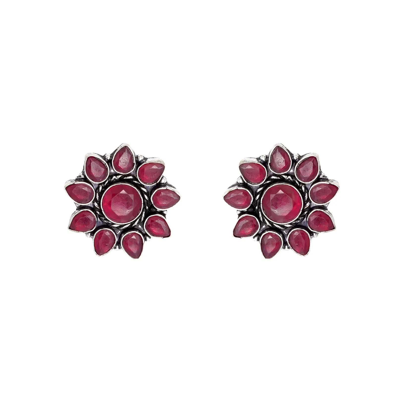 Teejh Hrida  Pink Stone Silver Oxidised Stud Earrings