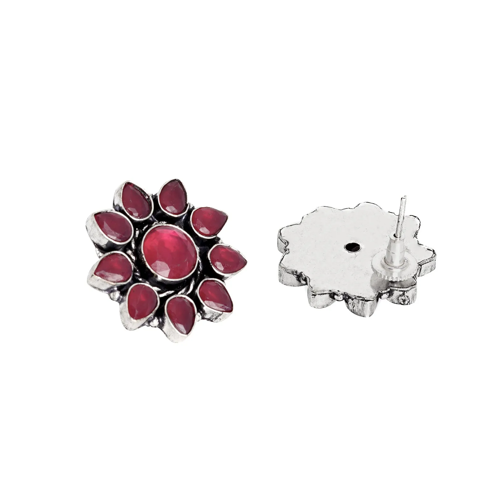 Teejh Hrida  Pink Stone Silver Oxidised Stud Earrings