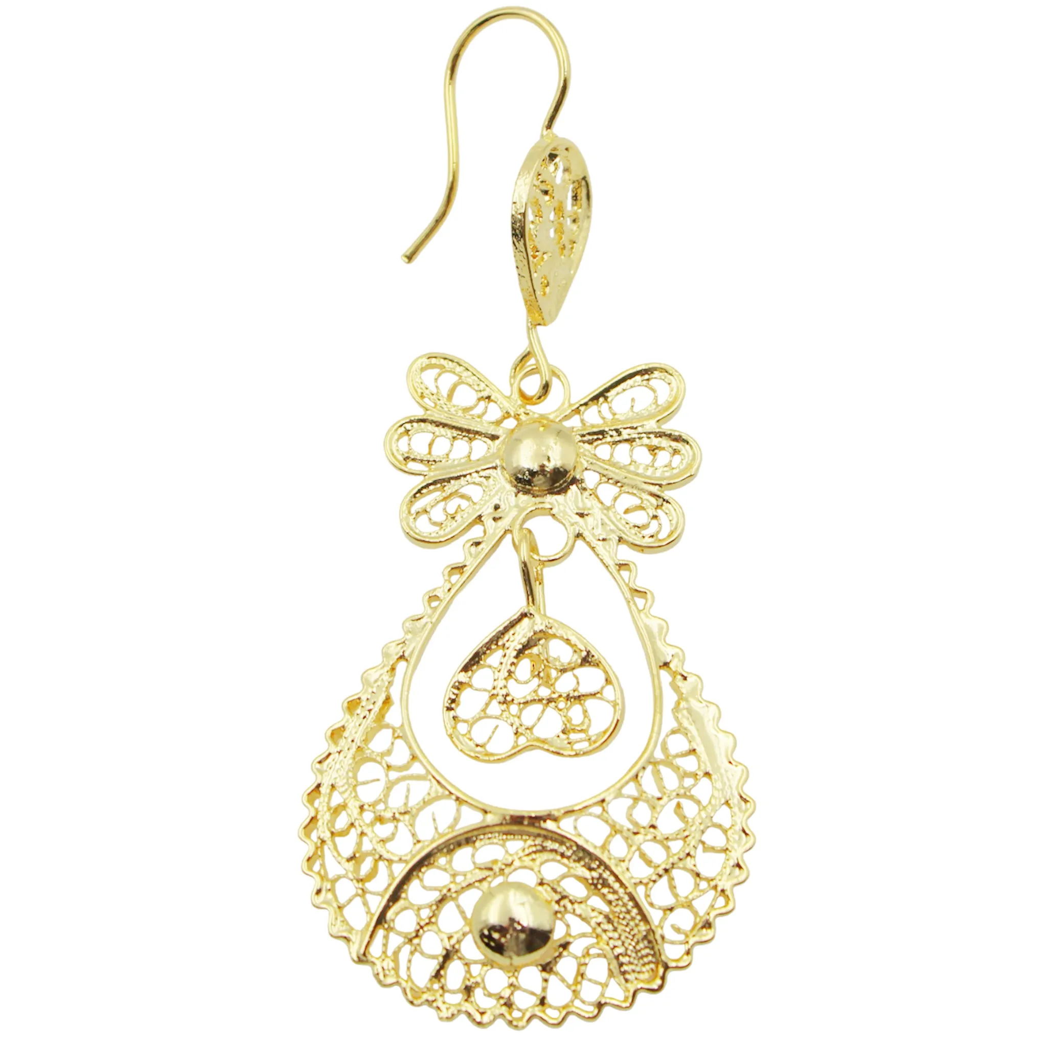 Traditional Portuguese Filigree Earrings, Gold-Color Rancho Style with Heart & Floral Design