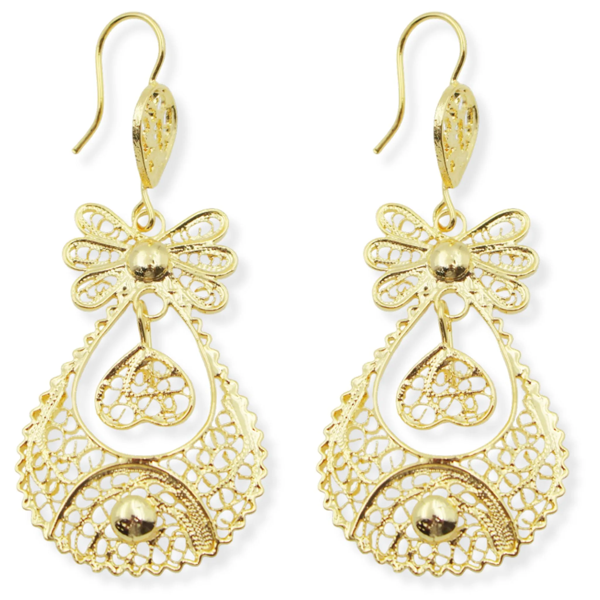 Traditional Portuguese Filigree Earrings, Gold-Color Rancho Style with Heart & Floral Design