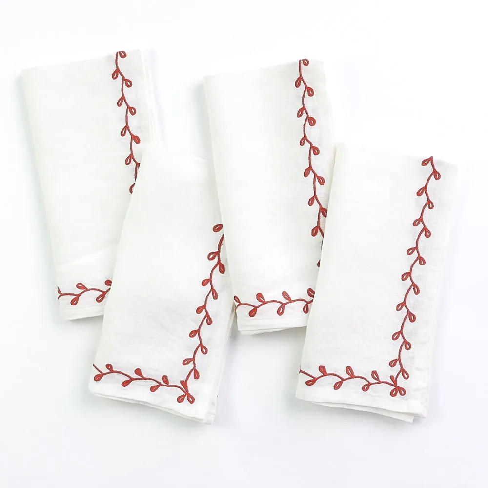 Twig & Bud Coral Embroidered Linen Napkin | Set of 4