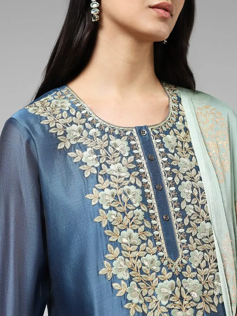 Vark Floral Embroidered Yoke Blue Kurta with Palazzos & Dupatta