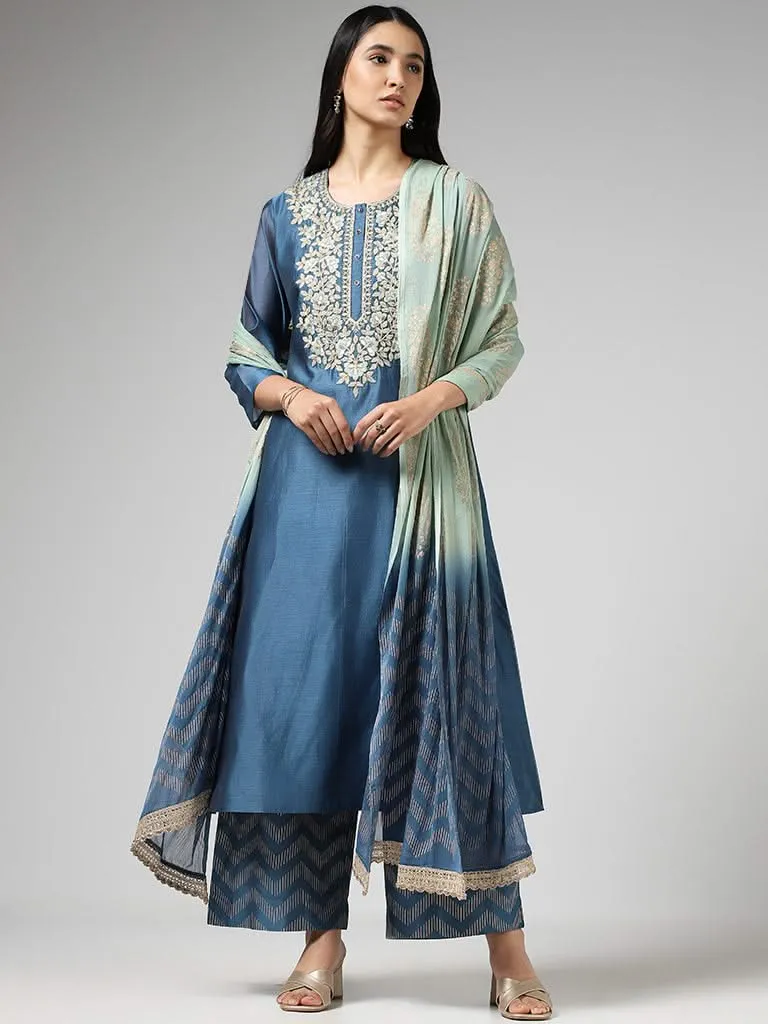 Vark Floral Embroidered Yoke Blue Kurta with Palazzos & Dupatta