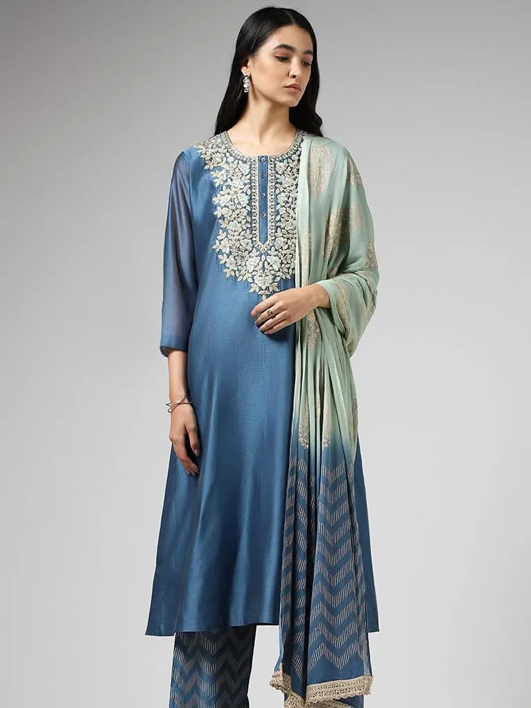 Vark Floral Embroidered Yoke Blue Kurta with Palazzos & Dupatta