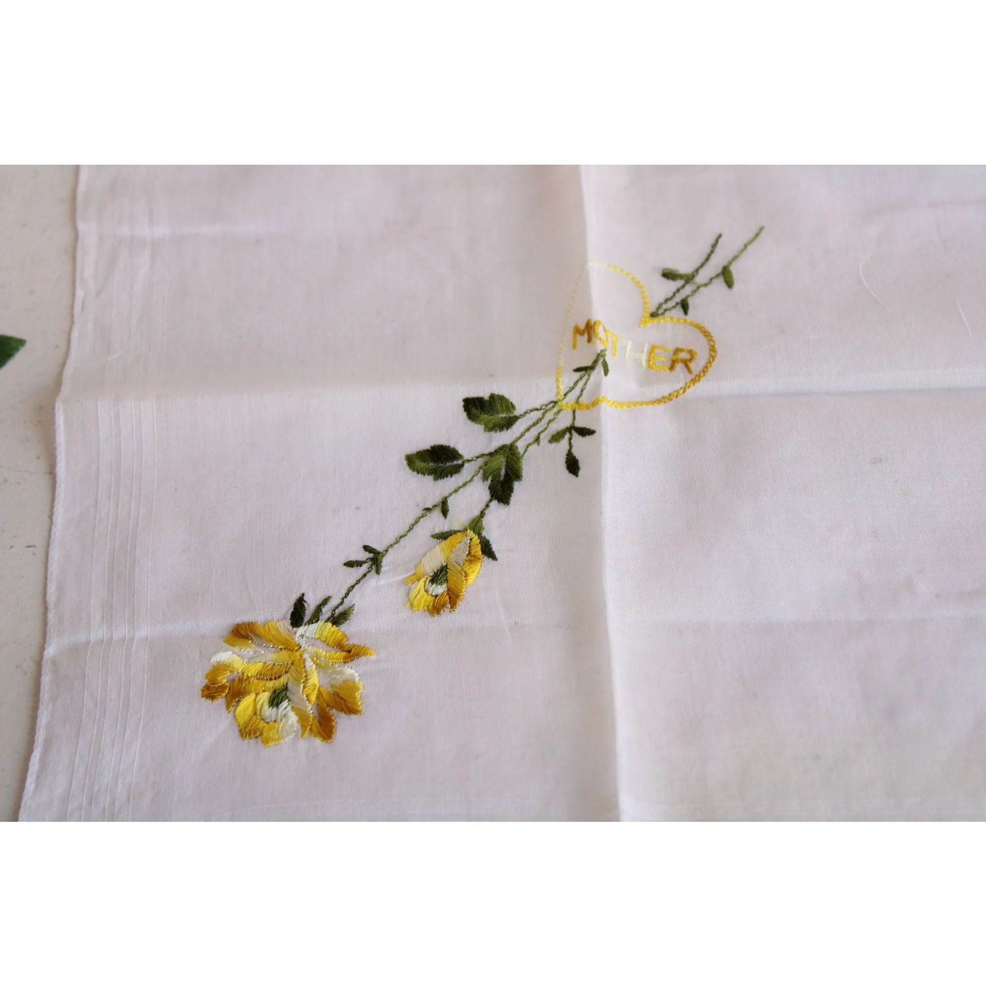 Vintage Handkerchief, Embroidered with "Mother" and Yellow Roses