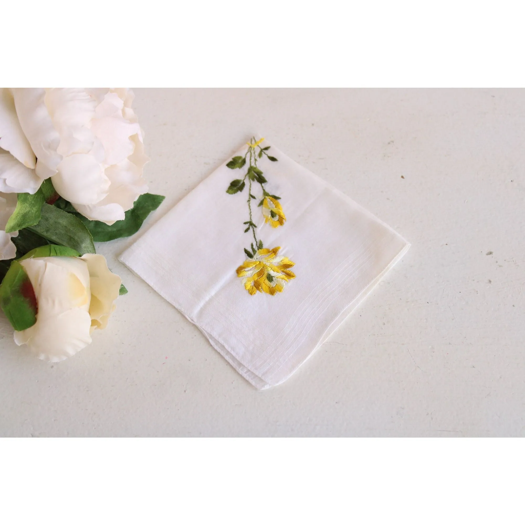 Vintage Handkerchief, Embroidered with "Mother" and Yellow Roses