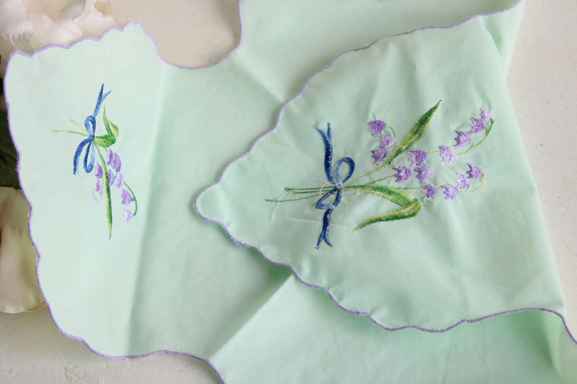 Vintage Mint Green Bun Warmer Embroidered with Purple Harebell Flowers