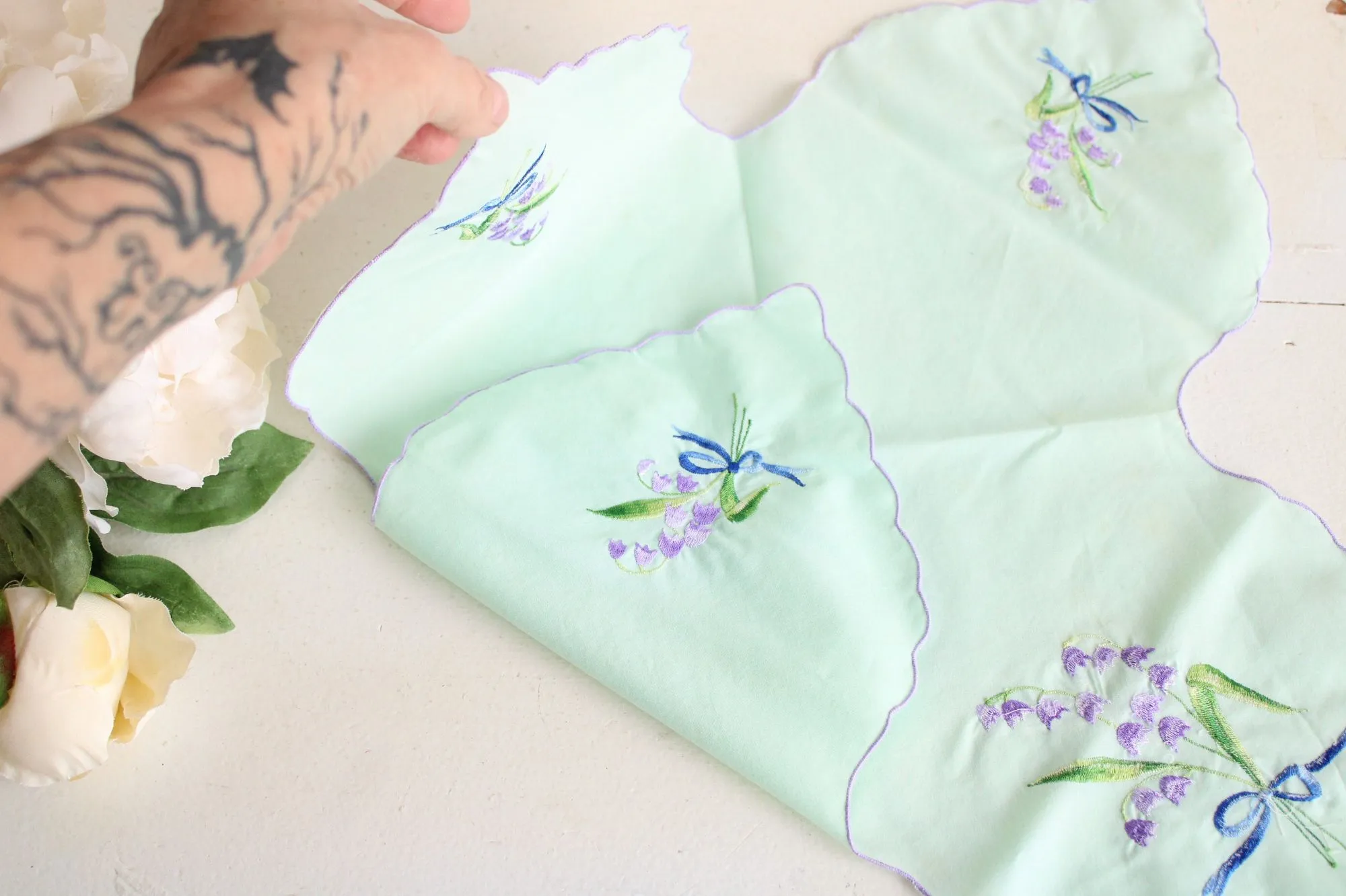 Vintage Mint Green Bun Warmer Embroidered with Purple Harebell Flowers