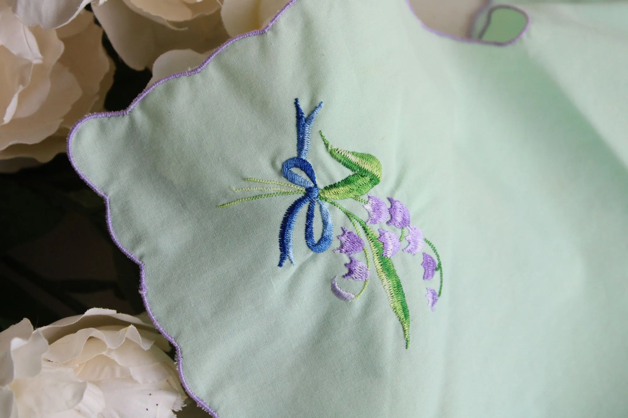 Vintage Mint Green Bun Warmer Embroidered with Purple Harebell Flowers