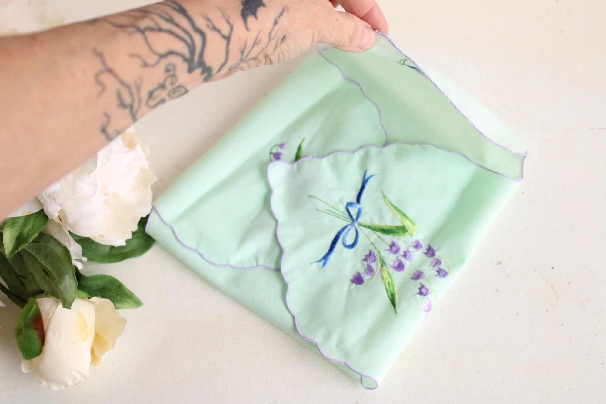 Vintage Mint Green Bun Warmer Embroidered with Purple Harebell Flowers