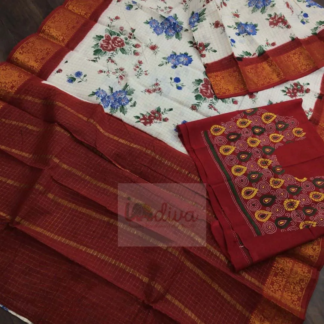 White & Red Handloom Sungudi Cotton Saree