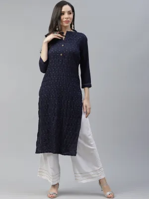 Women Navy Blue Embroidered Kurta Set