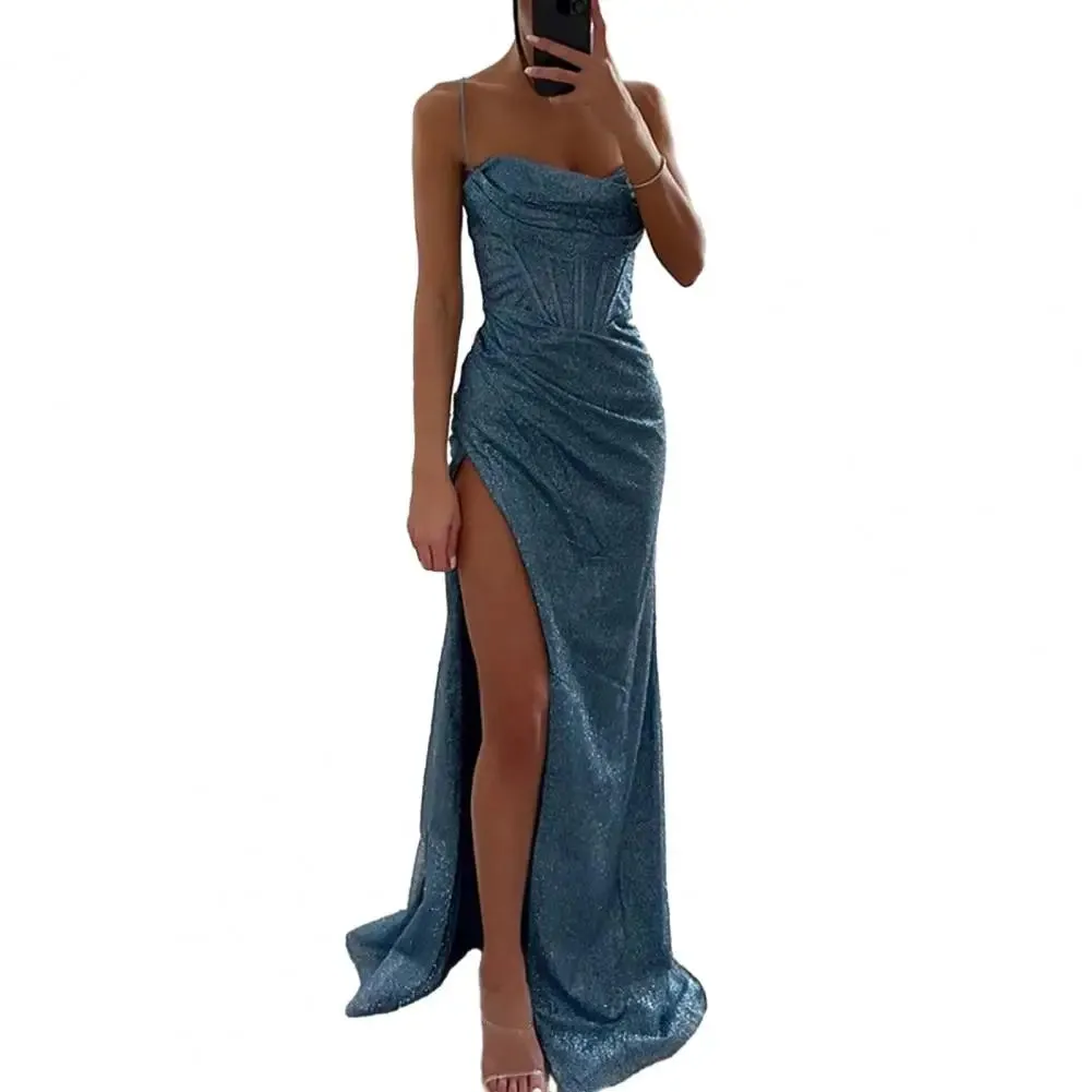 Women Polyester Maxi Dress Elegant Sequin Spaghetti Strap Evening Dress with Off Shoulder Detail High Split Loose High for Lady