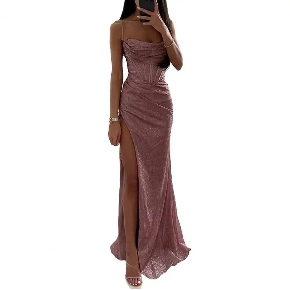 Women Polyester Maxi Dress Elegant Sequin Spaghetti Strap Evening Dress with Off Shoulder Detail High Split Loose High for Lady