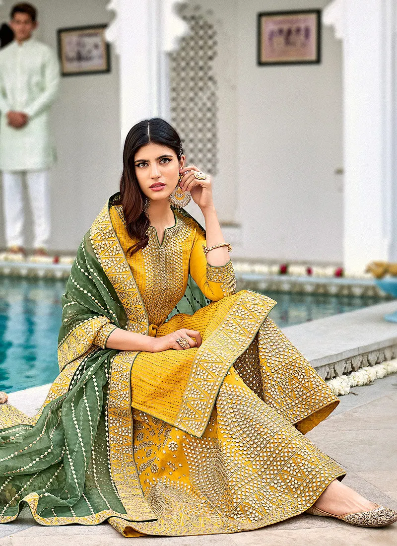 Yellow And Green Embroidered Georgette Gharara Suit