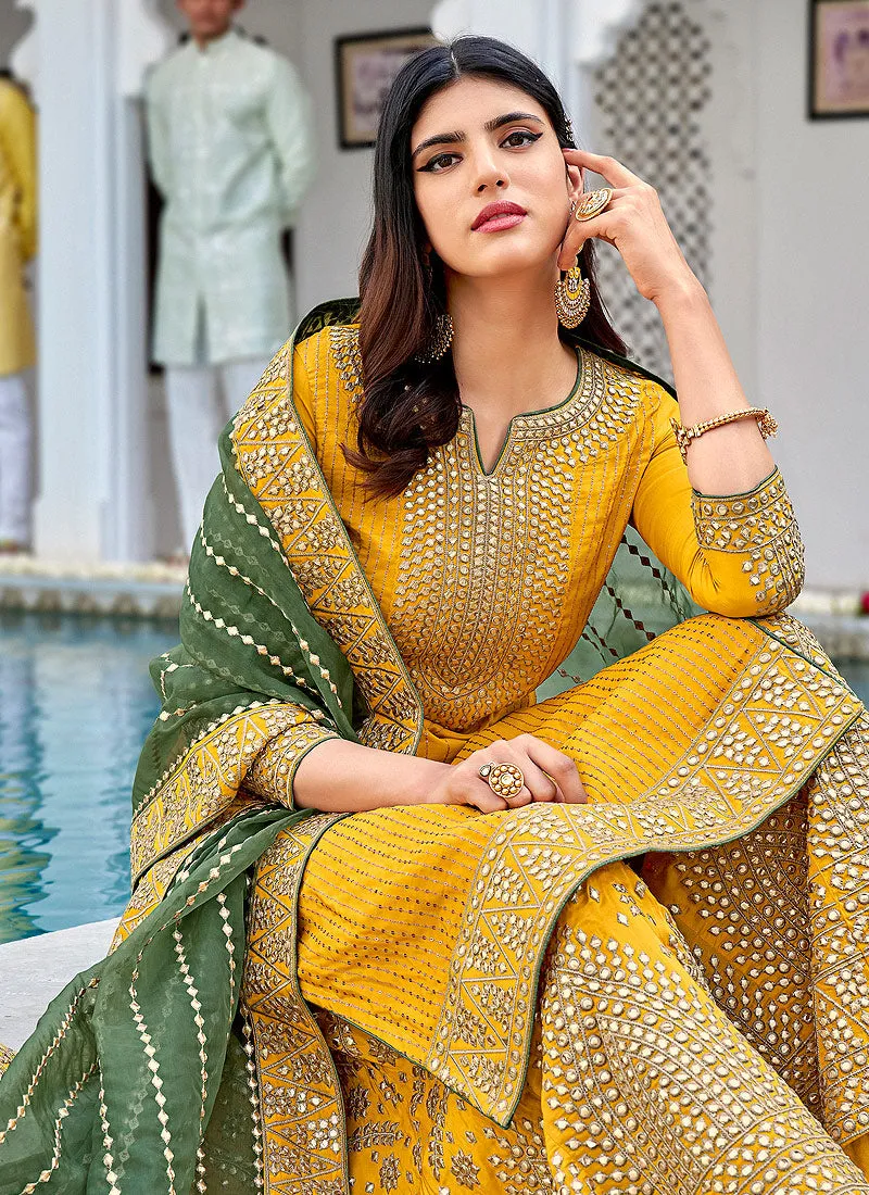 Yellow And Green Embroidered Georgette Gharara Suit