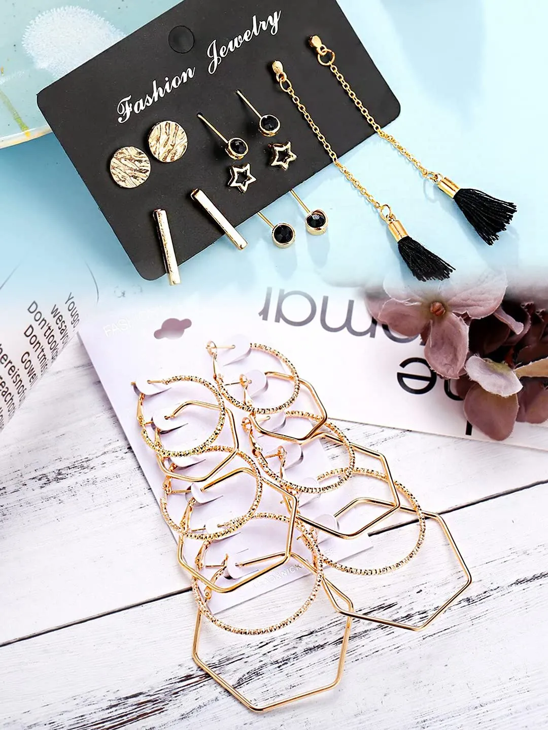 Yellow Chimes Hoop Earrings for Women Combo of 11 Pairs Gold Plated Black Thread Tassel Crystal Studded Geometric Shape Hoop Stud Earrings Set for Women and Girls