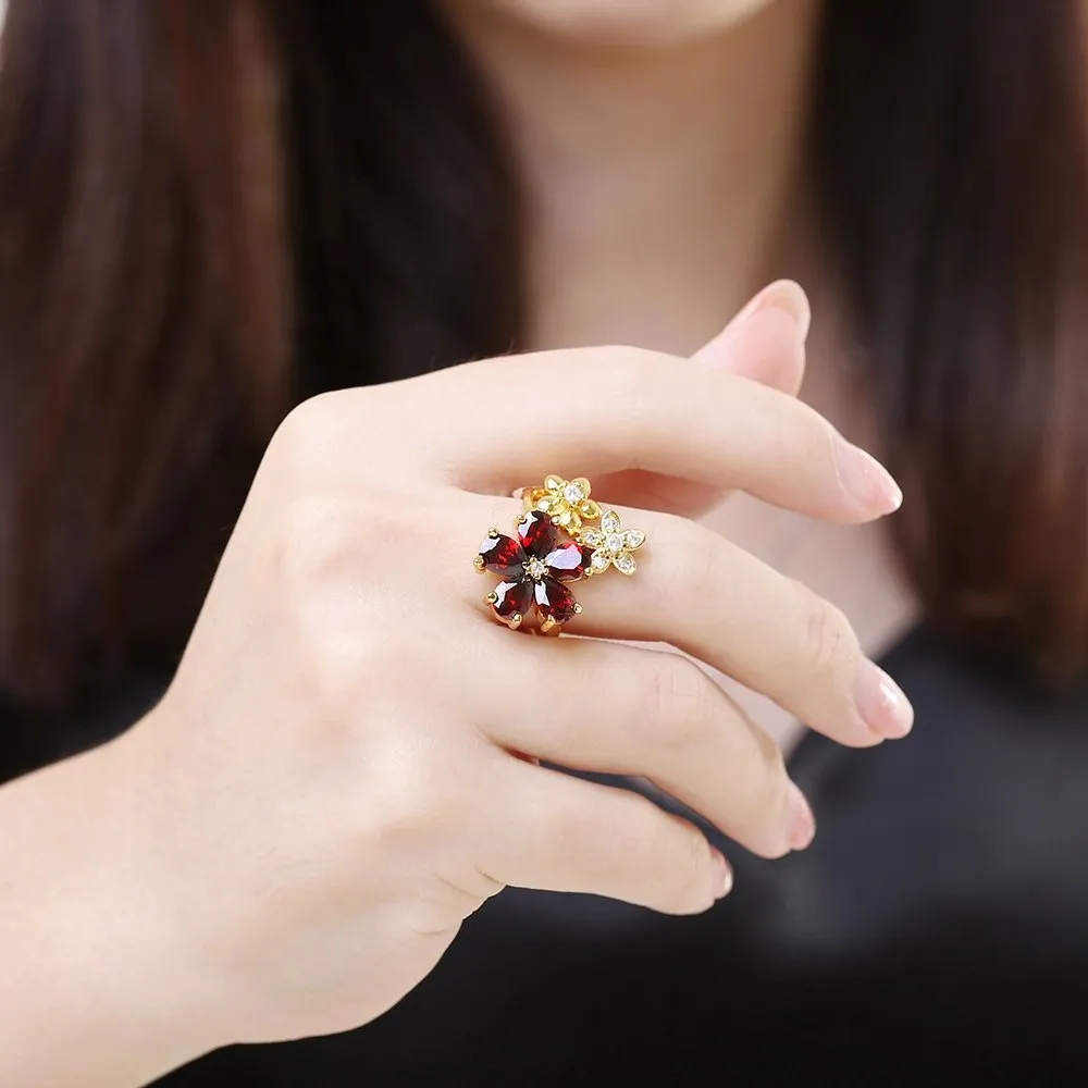 Yellow Chimes Rings for Women Floral Shaped Ring AAA Swiss Zircon Studded Gold Plated Red Adjustable Ring for Women and Girls.