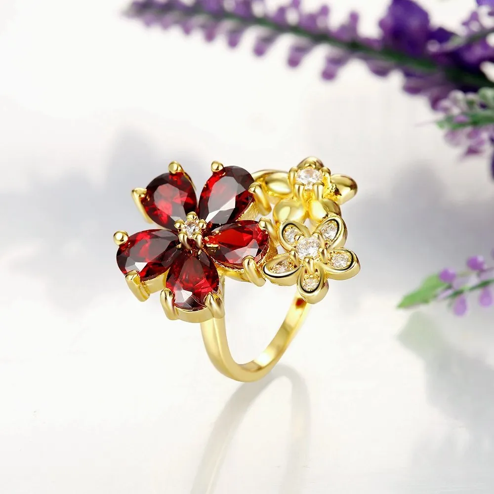 Yellow Chimes Rings for Women Floral Shaped Ring AAA Swiss Zircon Studded Gold Plated Red Adjustable Ring for Women and Girls.