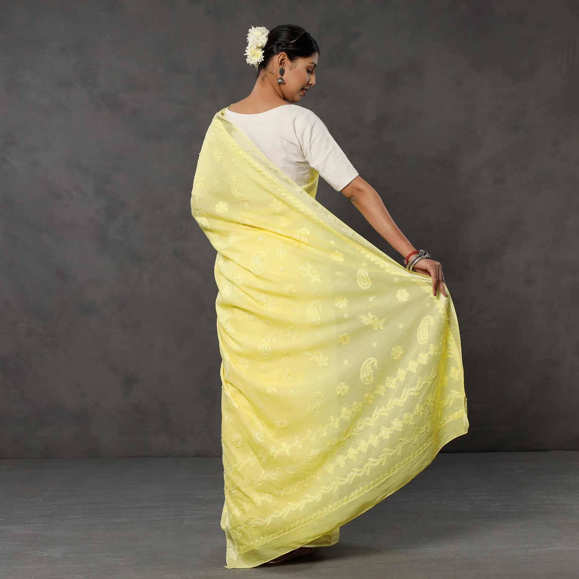 Yellow - Lucknow Chikankari Heavy Embroidery Chanderi Silk Saree