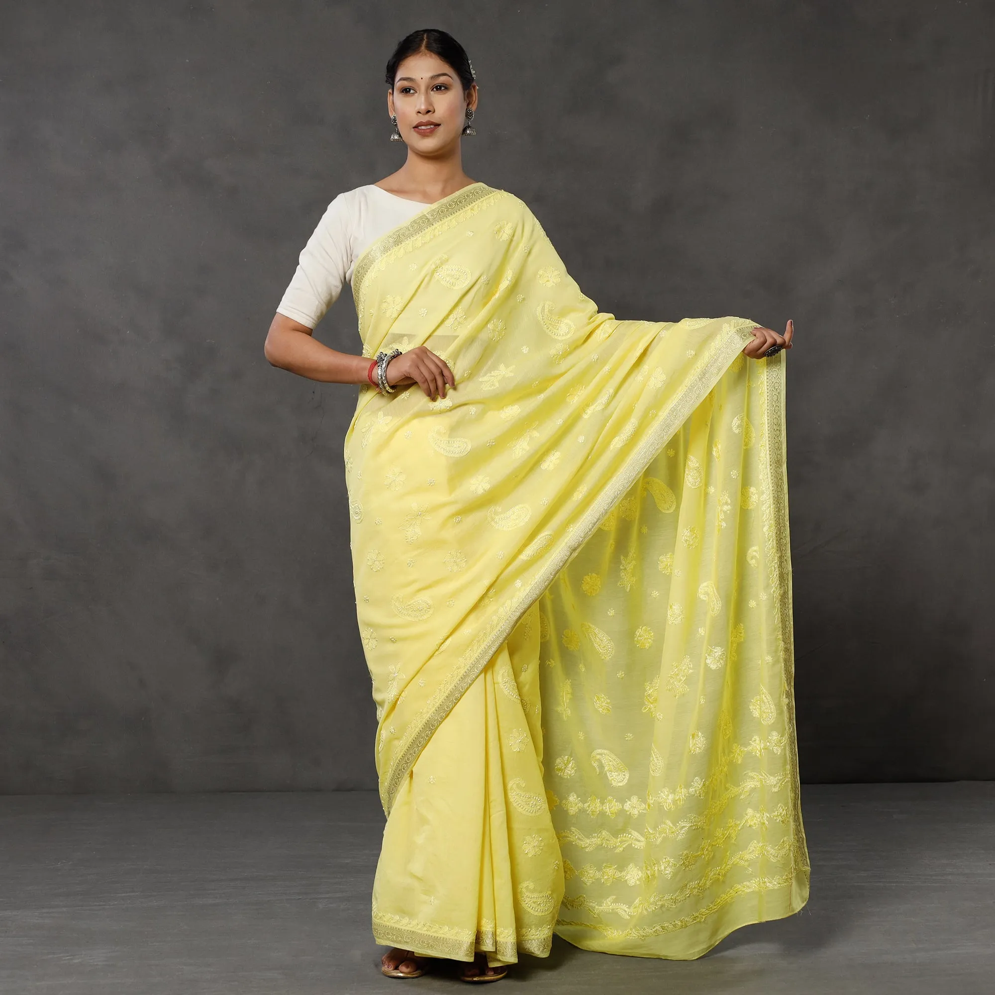 Yellow - Lucknow Chikankari Heavy Embroidery Chanderi Silk Saree