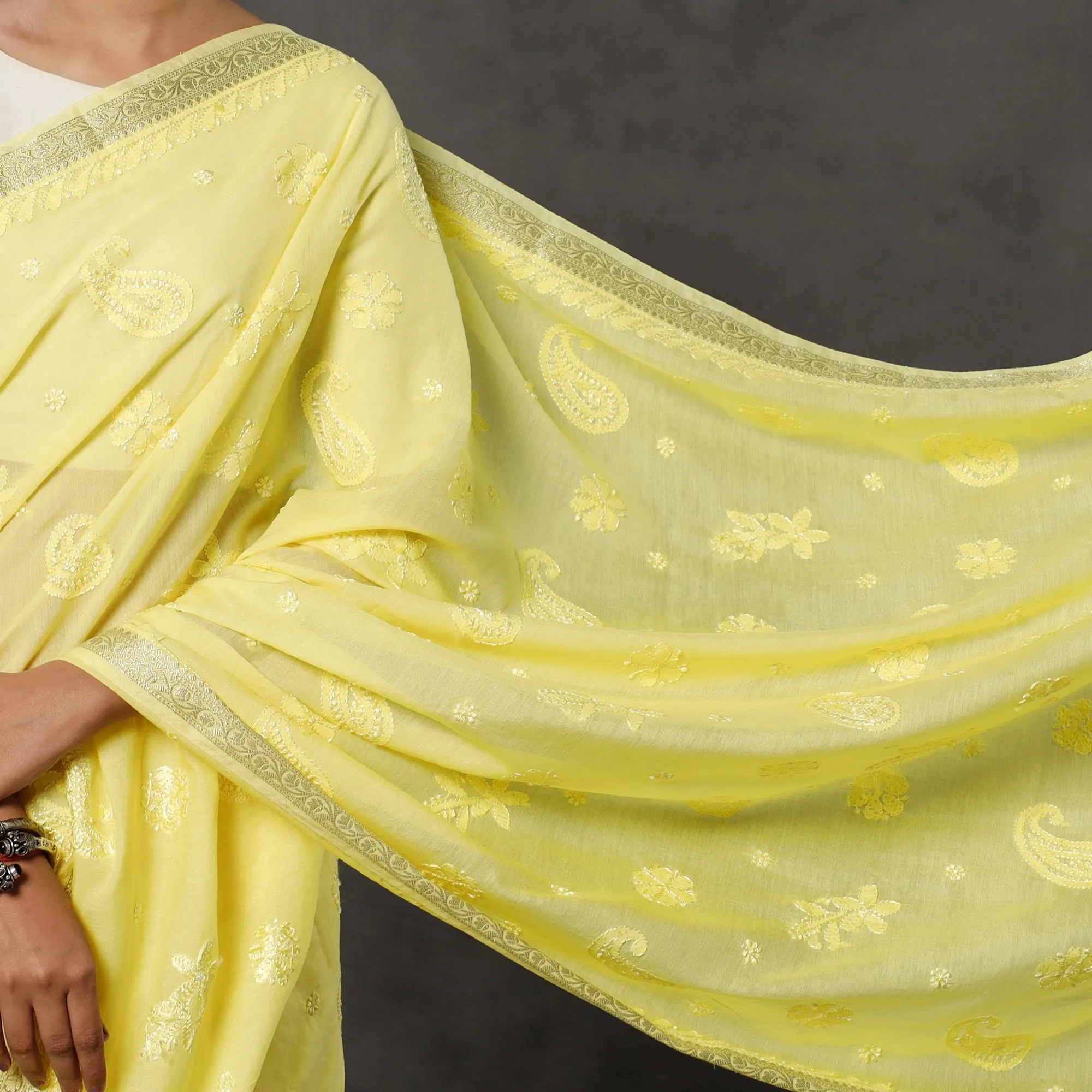 Yellow - Lucknow Chikankari Heavy Embroidery Chanderi Silk Saree