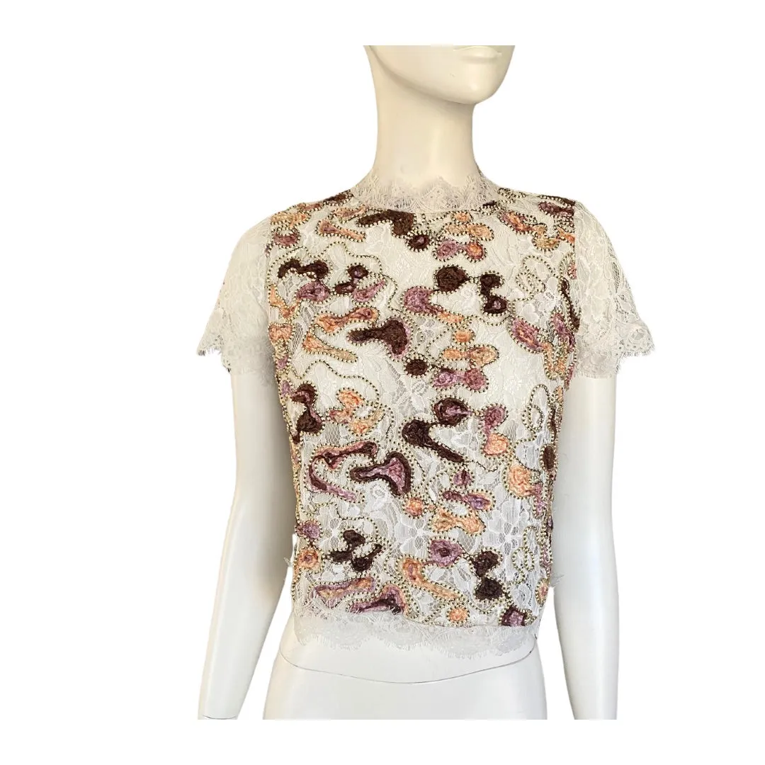 Zara Embroidered Front Lace Crop Top Cream SIZE S